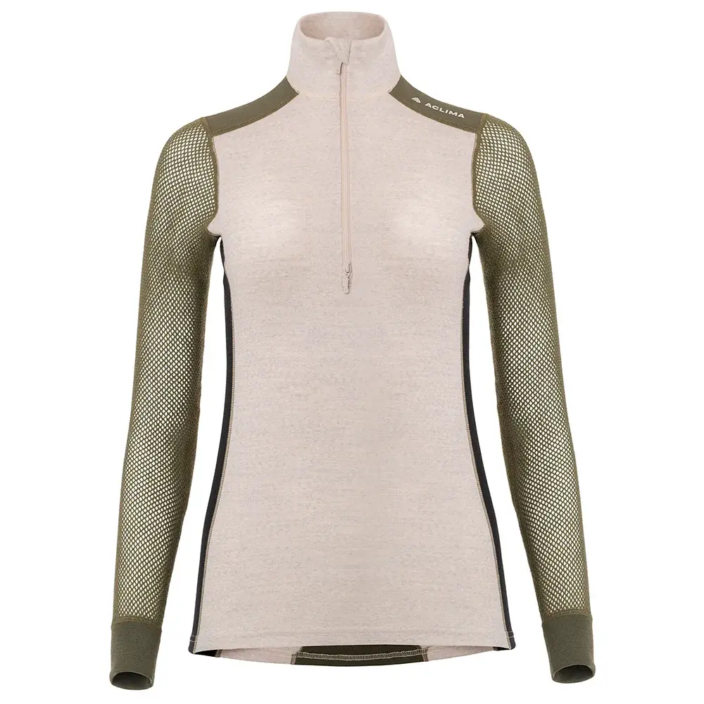 Aclima Damen-Thermoshirt Aclima WoolNet Hiking Mock Neck beige melange /olive night /jet black