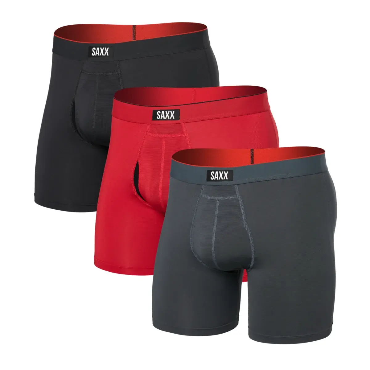 Set pánských boxerek SAXX Multi-Sport Mesh Boxer Brief Fly 3Pk Sunset Red/Trblnce/Fd Blk